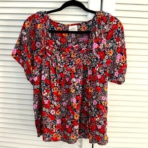 Knox Rose Flutter Navy Garnet Floral Short Sleeve Ruffle Top M